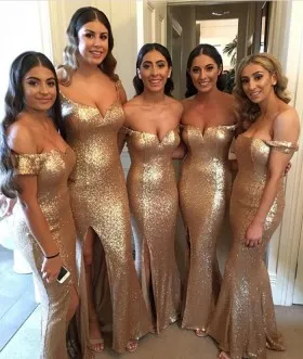 Sparkly gold sequin sexy off the shoulder split mermaid long bridesmaid dresses