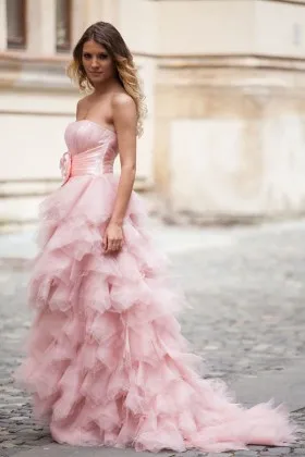 Cascading ruffled pink organza cute 3D flower long prom formal dress
