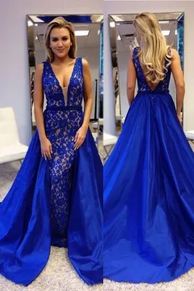 Royal blue lace slim mermaid noble evening gown with floor length satin overskirt