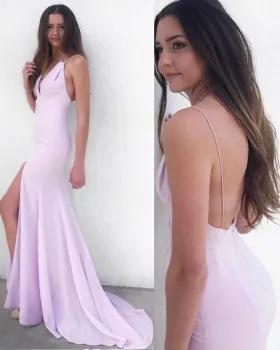 lilac backless mermaid long evening prom dress with thigh high slit