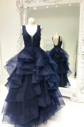 flounced navy blue lace and organza low back floor length formal gown