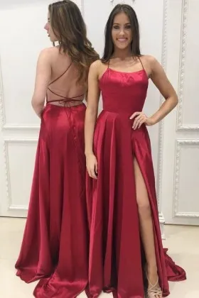Sexy crimson low back with spaghetti straps high split A line long prom dress