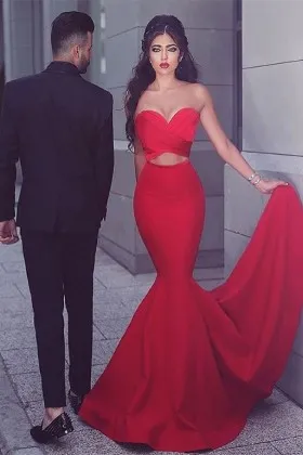Cool red satin sweetheart slim fit mermaid engagement dress