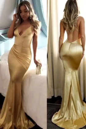 Asymmetrical draped shiny gold satin deep V neck backless mermaid long prom dress