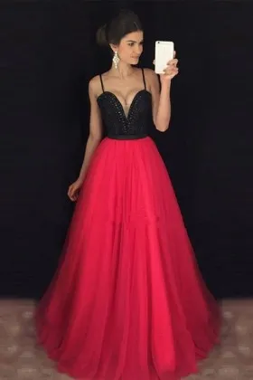 Beaded black bodice with red tulle skirt two tone designer long prom dress