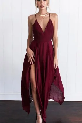 Ethereal burgundy chiffon sexy ankle length prom dress with double slits