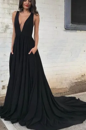 Black satin simple plunging neckline A line evening prom dress with pockets