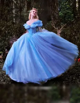 Ice blue satin and organza ruffle off the shoulder Cinderella ball gown