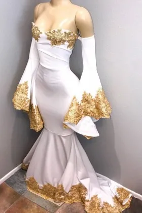 Gold lace appliqued bell sleeve off the shoulder mermaid prom dress