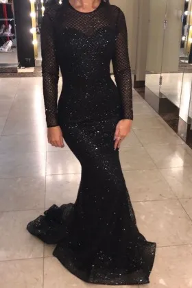 Sparkly black glitter illusion long sleeve mermaid prom dress with short train