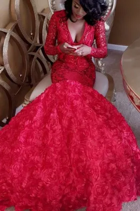 Red sequin and rosette trumpet long sleeve African American prom dress
