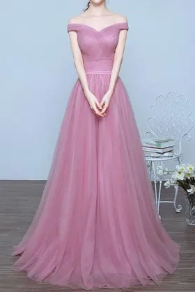 Adorable pastel pink tulle off the shoulder long evening prom dress