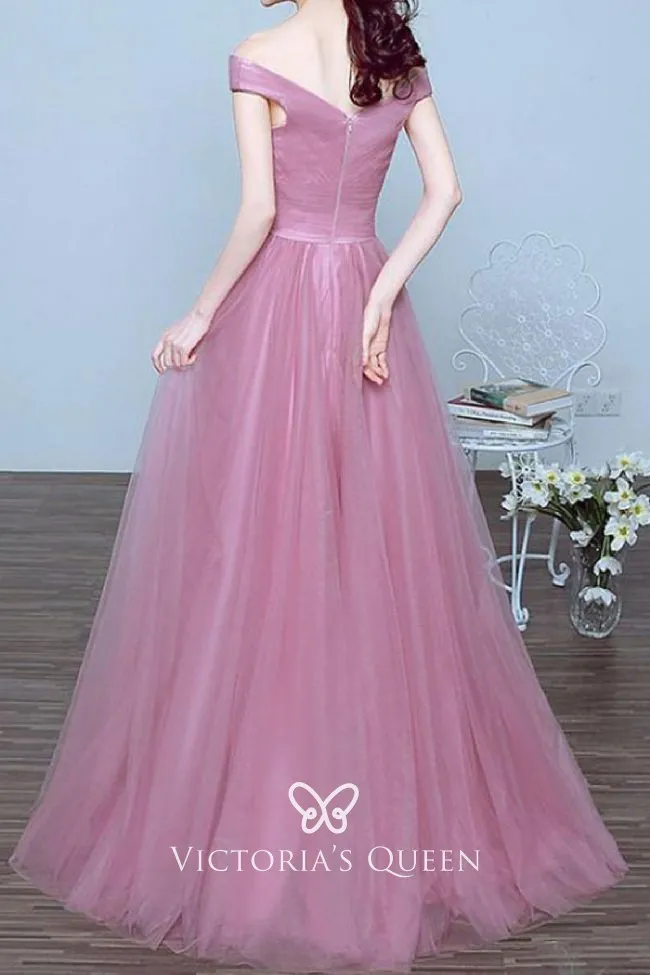 pastel pink tulle off the shoulder long evening prom dress pastel pink tulle off the shoulder long evening prom dress