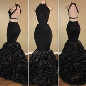 open back cascading ruffled black lace and satin mermaid prom gown