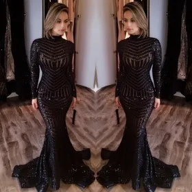 Sparkly full black striped sequin long sleeve high neck mermaid African American prom dress