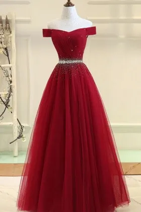 Dramatic beaded red tulle off the shoulder puffy A line long prom dress