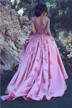 Charming candy pink lace appliqued satin ball gown engagement dress