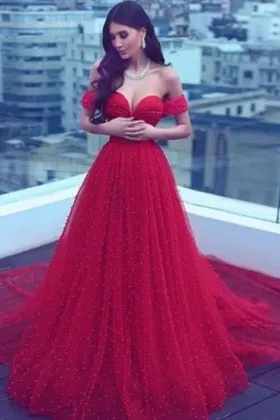 pearl embellished red tulle sweetheart off the shoulder engagement dress