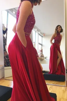 Fashionable beaded magenta crop top with red satin skirt 2 piece prom dress
