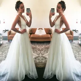 Sexy side cut out off white satin and tulle plunging V neck long prom dress