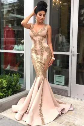 Gold lace appliqued blush satin mermaid cool long prom dress