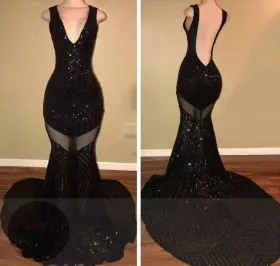 black sequin plunging neckline open back long train mermaid prom dress