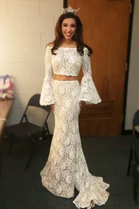 Unique ivory lace two piece pageant dress with bell sleeves