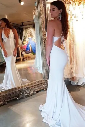 Backless off white mermaid long train halter V neck prom dress