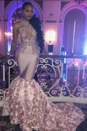 Pearl pink lace and satin mermaid rosette flowers African American prom dress