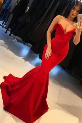 Elegant red satin mermaid trumpet strapless V neck prom formal dress