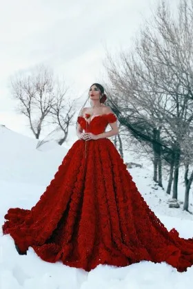 luxury red rosette flowers off the shoulder engagement ball gown