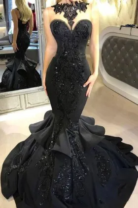 Unique choker neck black beaded lace appliqued satin trumpet African American prom gown
