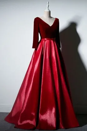 Burgundy velvet with red satin V neck 34 sleeve long evening gown