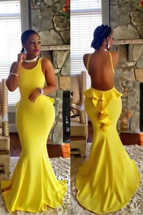 unique ruffle yellow spandex mermaid backless prom dress