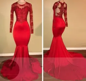 Stunning beaded red lace and spandex sleeved mermaid long train prom dress