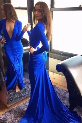 Royal blue pleated jersey sexy plunging neckline backless mermaid prom dress