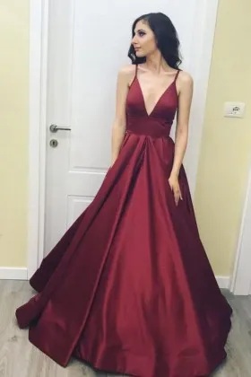 Simple plain maroon satin plunging V neckline puffy prom dress