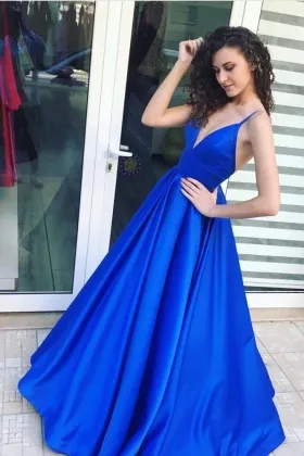 Simple royal blue satin plunging neckline puffy low back prom dress