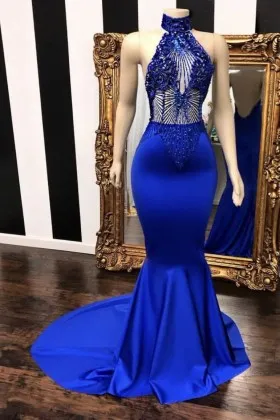 Luxury beaded high neckline see through bodice royal blue satin mermaid prom dress