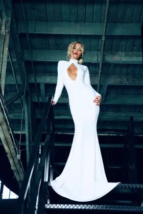 high neck long sleeve keyhole bodice white spandex mermaid long prom dress