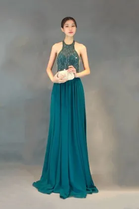 Elegant beaded teal chiffon halter neck backless A line long evening dress