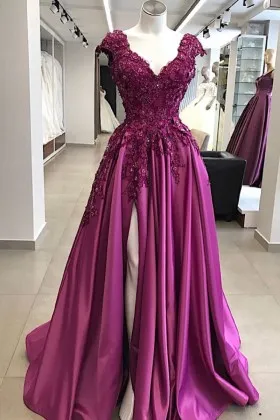 Daring magenta lace appliqued satin high slit cap sleeve long prom dress