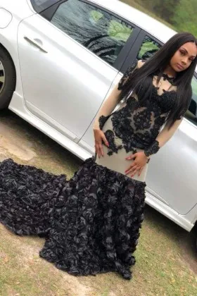Black lace with nude mesh mermaid rosette flowers African American prom dress