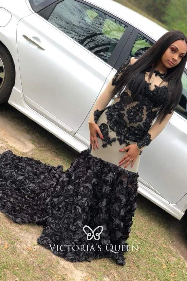 Black lace with nude mesh mermaid rosette flowers African American prom dress Black lace with nude mesh mermaid rosette flowers African American prom dress