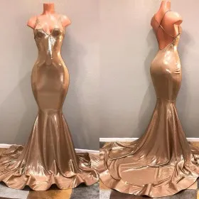 shiny bronze gold mermaid low back long prom dress