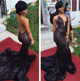 Sexy backless black sequin mermaid long train African American prom dress