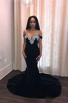 Unique silver lace appliqued black velvet mermaid long train prom dress