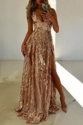 Sparkly gold sequin sexy double split V neck A line African American prom dress