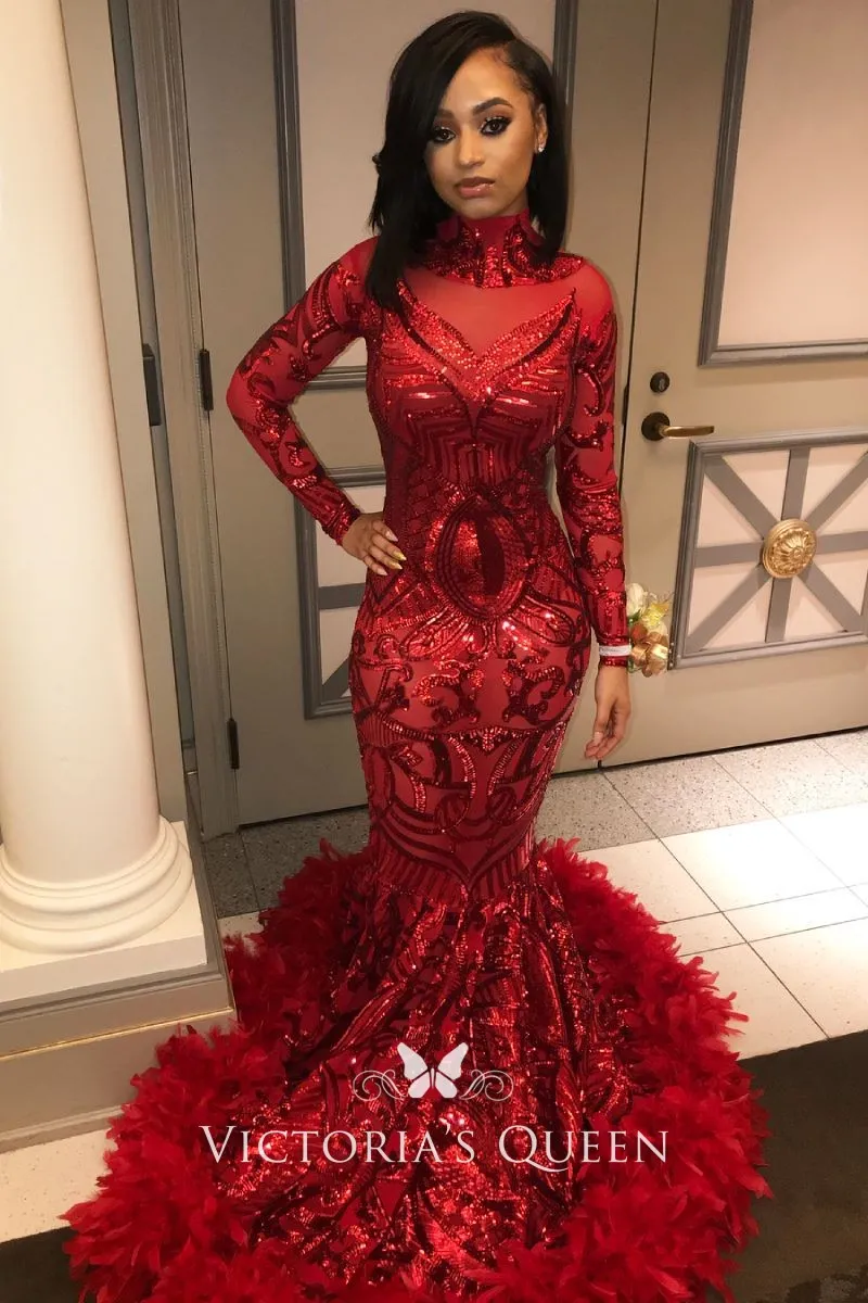 high neck sparkly evening dresses long sleeve mermaid floral lace applique  beaded red evening… | Red prom dress long, Prom dresses long with sleeves, Red  prom dress