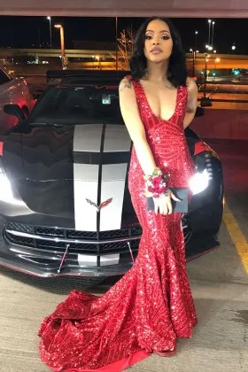 Sexy deep V neck striped red sequin mermaid prom dress